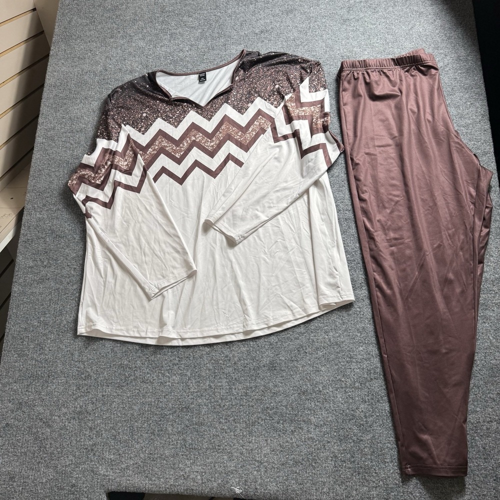 Womens 2 Piece Outfit Set Chevron Top Elastic Waist Pants Brown Taupe Lounge 4X